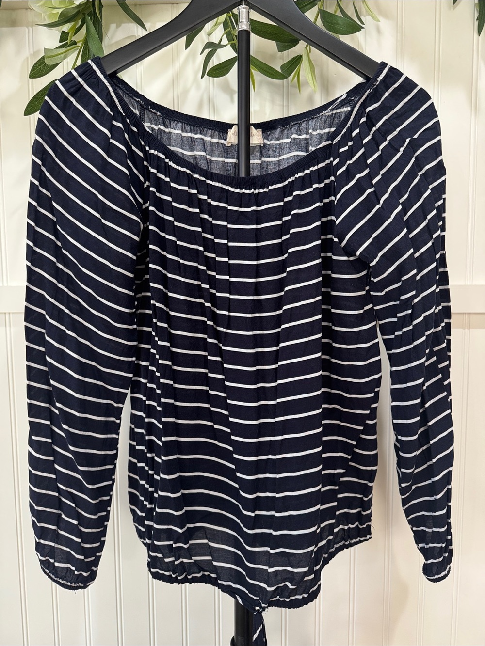 #344 ALTAR’D STATE Navy and White Striped Off-Shoulder Top